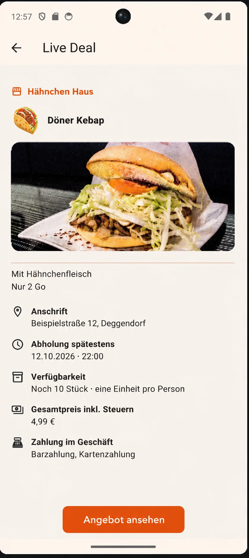 Beispiel: Live Deal des Hähnchen Hauses mit Foto, Preis und Abholfrist