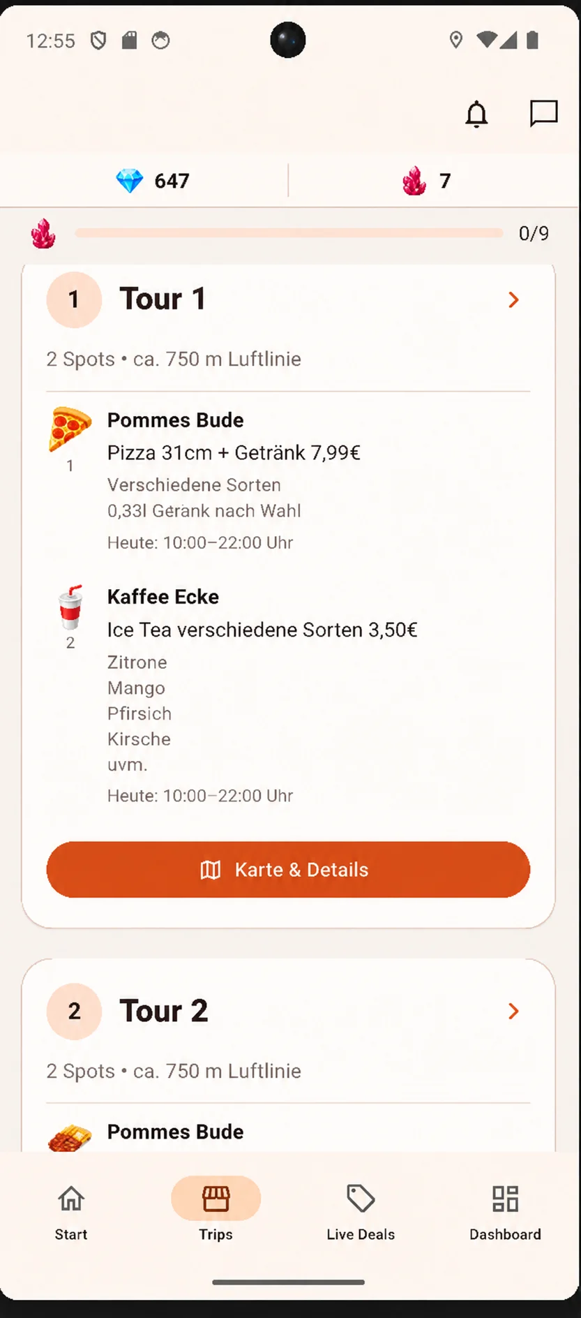 Beispiel: Trip-Vorschläge mit Angeboten von Pommes Bude und Kaffee Ecke